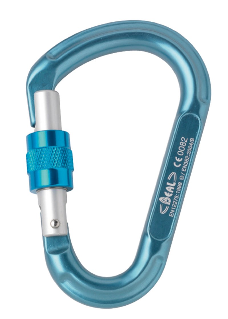 Large HMS carabiner with locking system for double rope maneuvers.