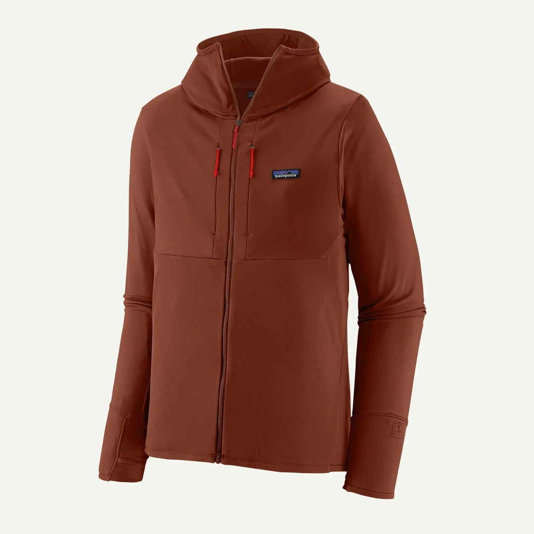 R1 Thermal Full-Zip Hoody in technical fabric with hood, zip pockets, thumb loops, and Fair Trade Certified production.