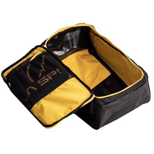 Climbing bag with nylon and PVC, large access zip, internal pocket, and separate rope protector.