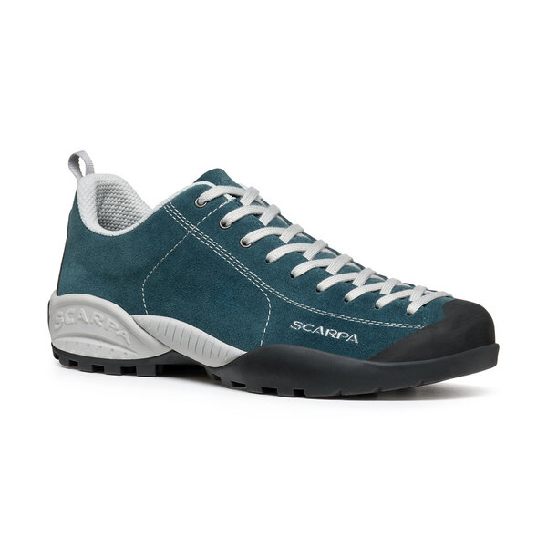 Mojito Petrol shoe by SCARPA in blue suede with climbing-inspired lacing and Vibram rubber sole.