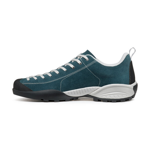 Mojito Petrol shoe with suede upper, climbing-inspired lacing, EVA midsole, rubber toe protection, and Vibram® sole.