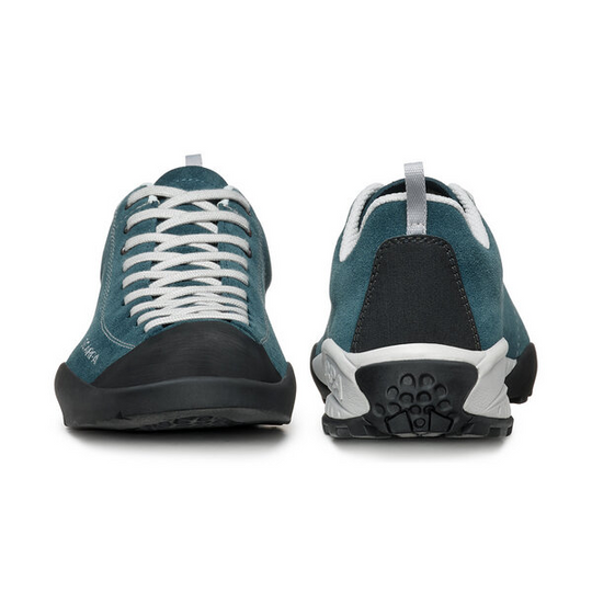 Mojito Petrol shoes with climbing-inspired lacing, water-resistant suede, and Vibram rubber sole.