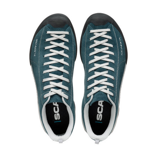 Mojito Petrol suede shoes with climbing-inspired laces and Vibram rubber soles.