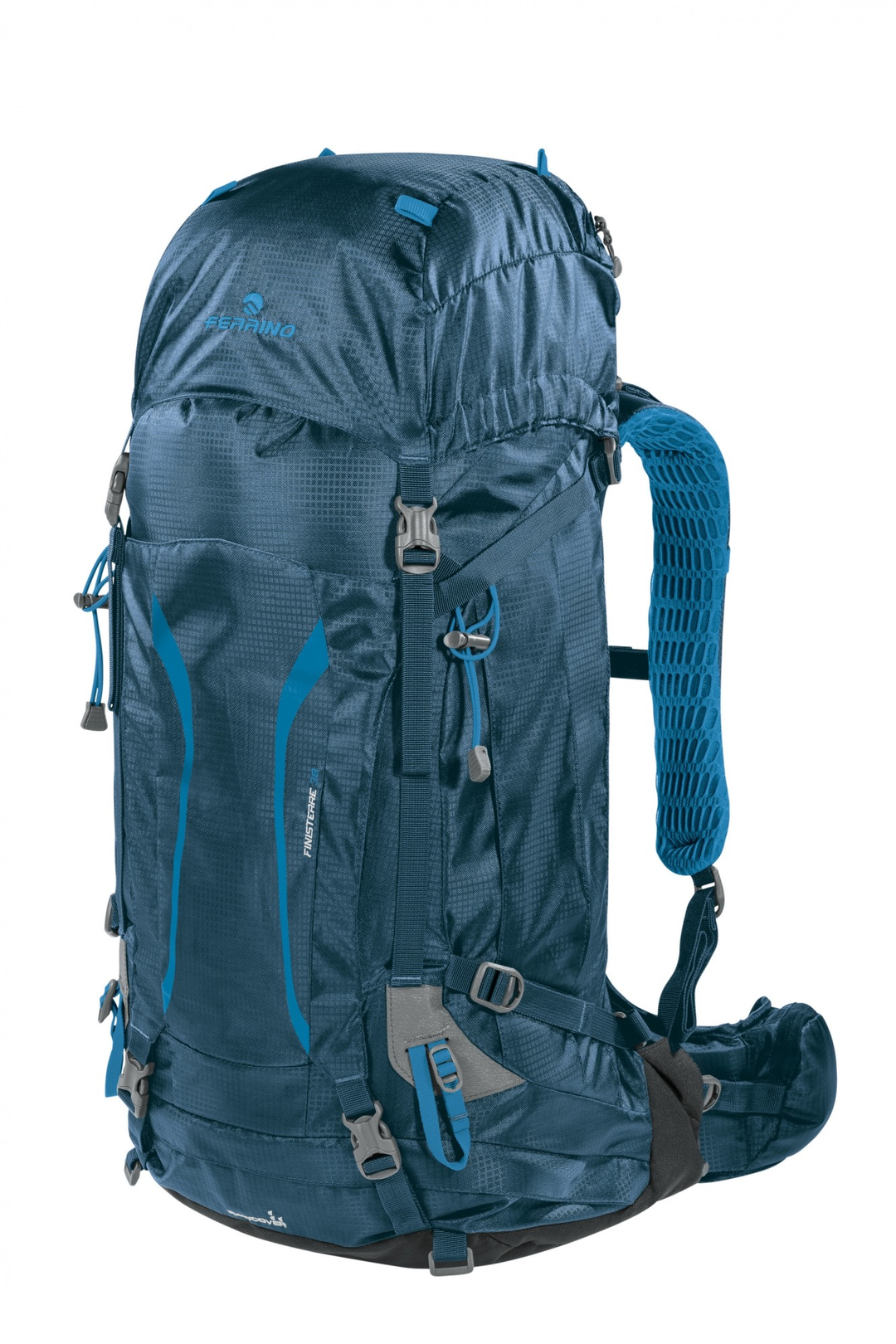 Zaino Finisterre 38 hiking backpack with multiple pockets, 100% recycled 420D Honeycomb fabric, and RECCO reflector.