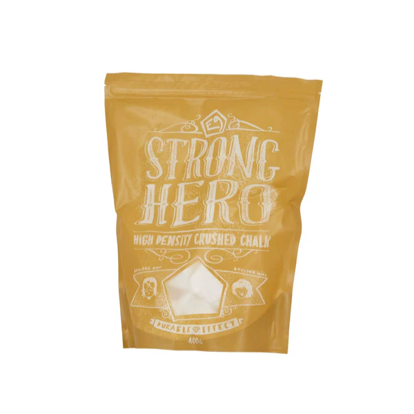 Strong Hero 400 Gr crushed magnesite chalk in resealable pouch for climbing and sports.