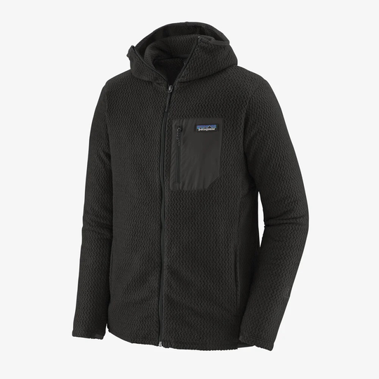 R1 Air Full-Zip Hoody in black, lightweight breathable technical fleece with zip pockets and Fair Trade Certified™.