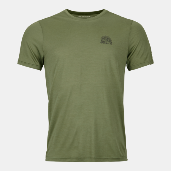 Lightweight men's 120 MERINO COOL TEC mountain stripe T-shirt with quick-dry Merino wool and TENCEL™ Lyocell fibers for high-intensity outdoor activities