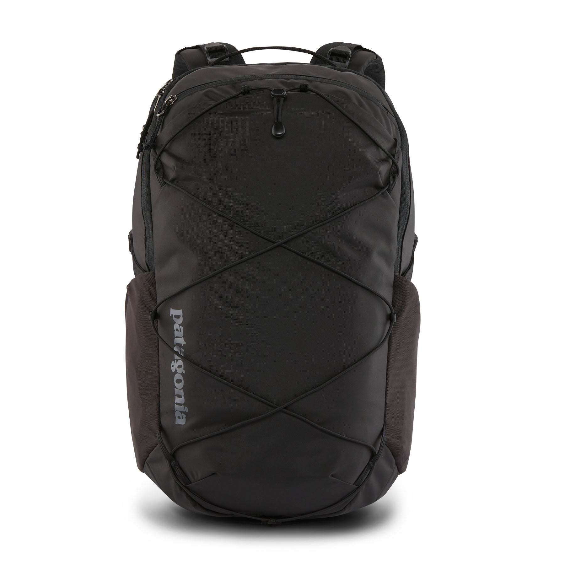 Refugio Day Pack 30L black backpack, 100% recycled polyester, 15" laptop sleeve, Fair Trade Certified, PFC-free DWR treatment.