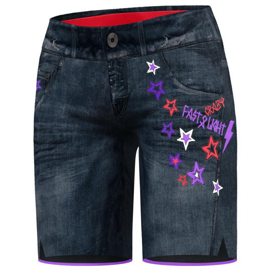 Short Wonder Magic in tessuto tecnico effetto denim blu scuro, con stelle colorate, fascia elastica in vita e bordi viola.