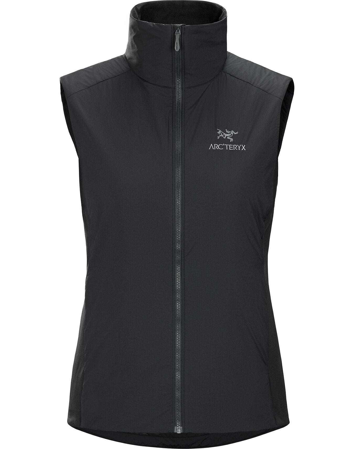 Black Atom Vest W with zip closure, featuring lightweight synthetic Coreloft™ insulation and durable Tyono™ 20 shell.