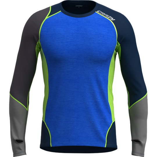 Long-sleeve blue and green trekking T-shirt made with Stretch Series fabric for comfort and freedom of movement.