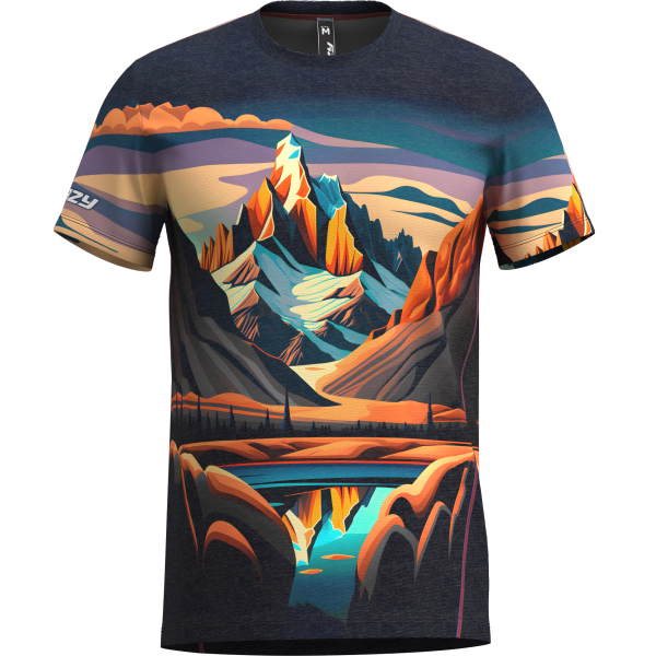 T-shirt con stampa esclusiva di montagna, tessuto traspirante in tencel naturale e poliestere, adatta per trekking e tempo libero.