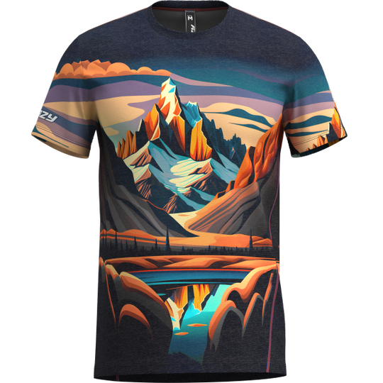 T-shirt con stampa esclusiva di montagna, tessuto traspirante in tencel naturale e poliestere, adatta per trekking e tempo libero.
