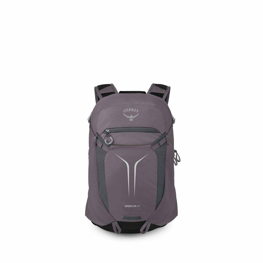 Zaino giornaliero viola in nylon riciclato, con pannello frontale elasticizzato, cerniera superiore e dettagli grigio scuro.