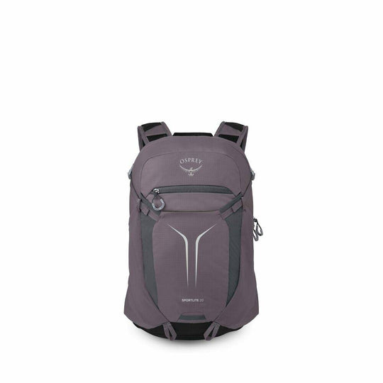 Zaino giornaliero viola in nylon riciclato, con pannello frontale elasticizzato, cerniera superiore e dettagli grigio scuro.