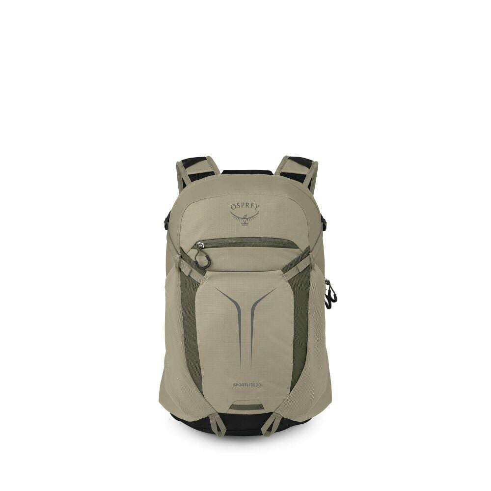 Zaino giornaliero color grigio oliva, in nylon riciclato, con tasca frontale elasticizzata e dettagli scuri.