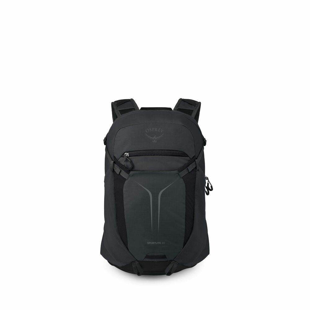 Zaino giornaliero nero in nylon, dal design essenziale con tasca frontale elasticizzata, cerniera e spallacci imbottiti.