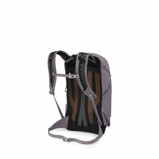 Zaino giornaliero grigio violaceo in nylon, con schienale nero ventilato, spallacci imbottiti e cinturino sternale regolabile.
