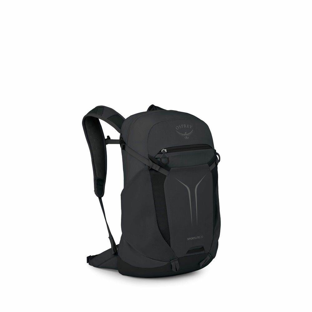 Zaino giornaliero nero in nylon, dal design minimalista con tasca frontale elasticizzata, cerniere e spallacci imbottiti.