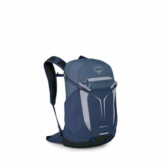 Zaino giornaliero blu in nylon, con dettagli grigi, tasca frontale elasticizzata e cinghie di compressione.