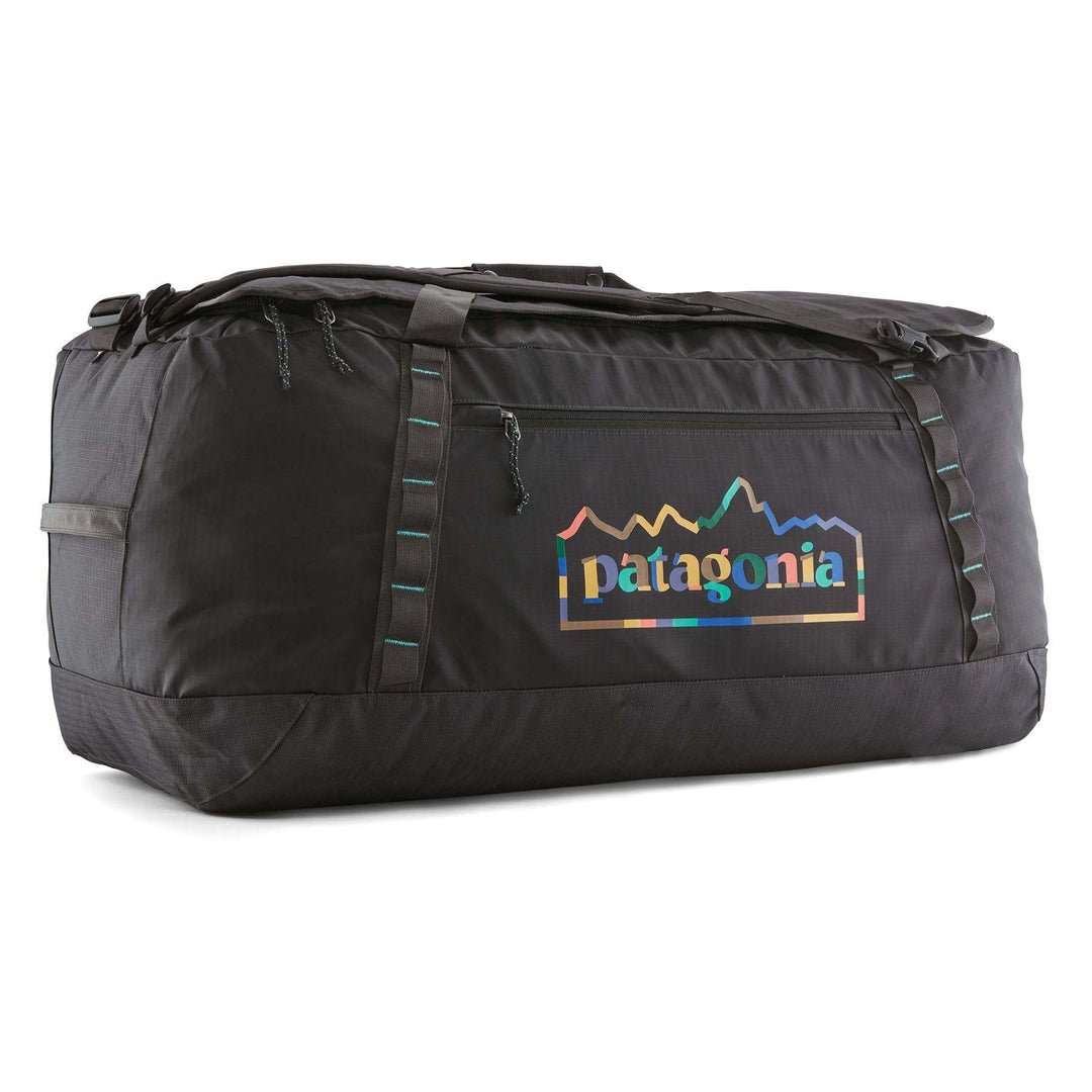 Black Hole Duffel 100L in black, durable water-repellent recycled fabric with ergonomic straps, 100-liter capacity.