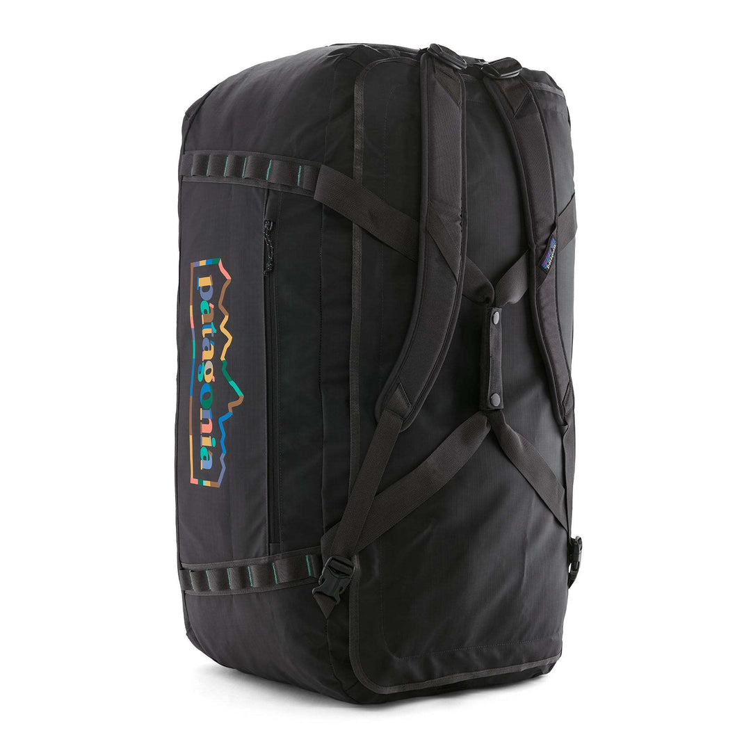 Black Hole Duffel 100L, black, large capacity travel bag with ergonomic straps.