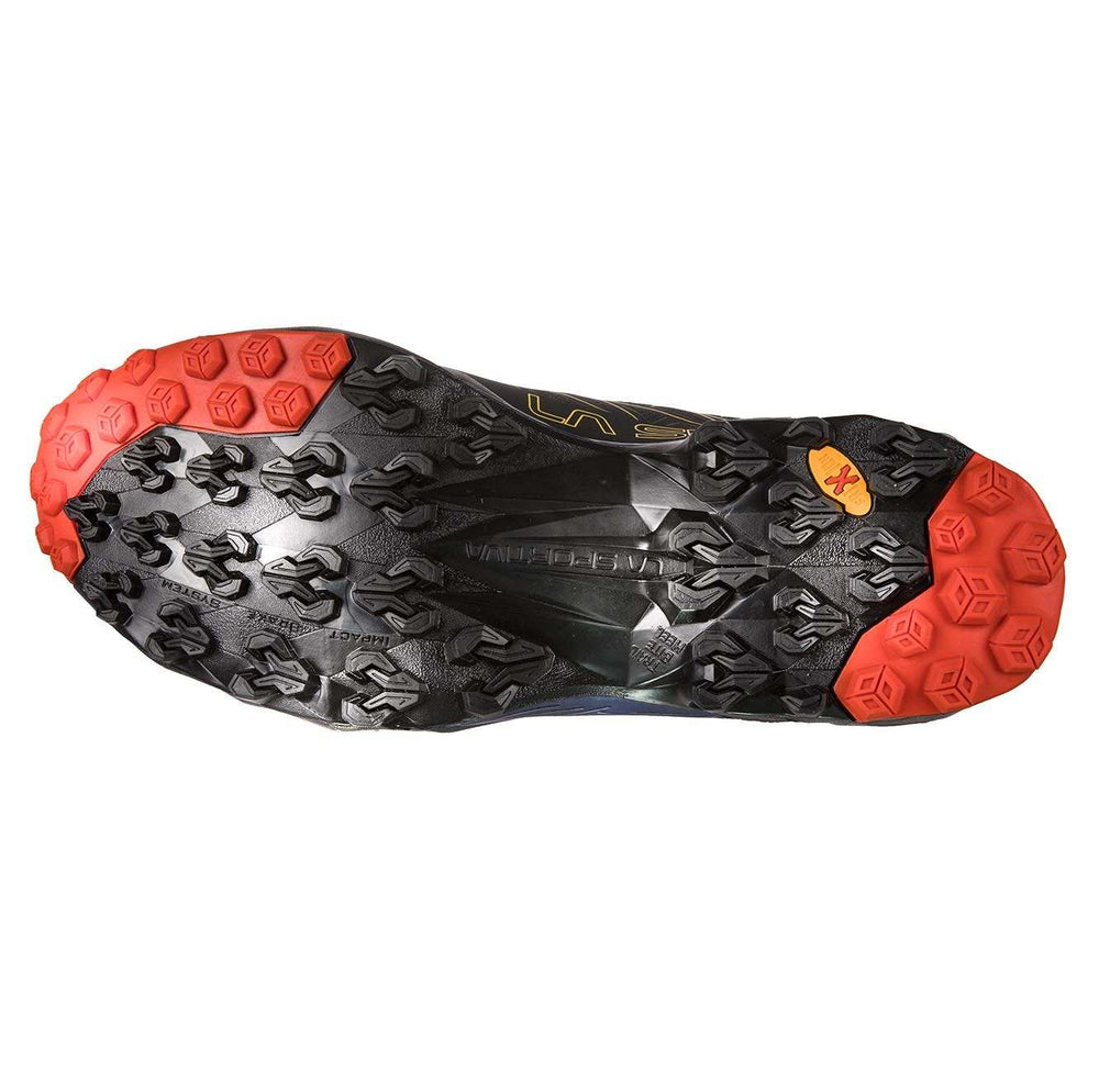 Trail running shoe with durable tread pattern, featuring a red and black FriXion XT sole designed for stability and grip, Akyra.