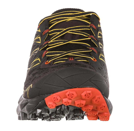 Akyra mountain running shoe with durable laces and rugged outsole, designed for endurance trails.