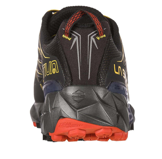 Akyra mountain running shoe, designed for endurance trails, featuring a protective structure, seamless comfort, MicroLite Skeleton™ for flexibility, and FriXion XT sole with Impact Brake System.