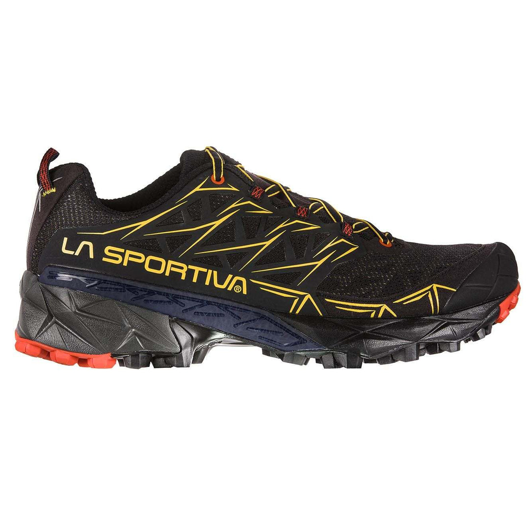 Trail running shoe Akyra with structured design and protective features for endurance on off-road terrains.