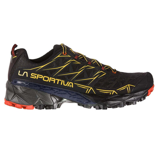 Trail running shoe Akyra with structured design and protective features for endurance on off-road terrains.