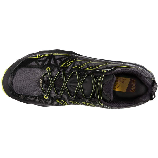 Akyra GTX waterproof trail running shoe with GORE-TEX membrane, black mesh upper, and yellow accents.