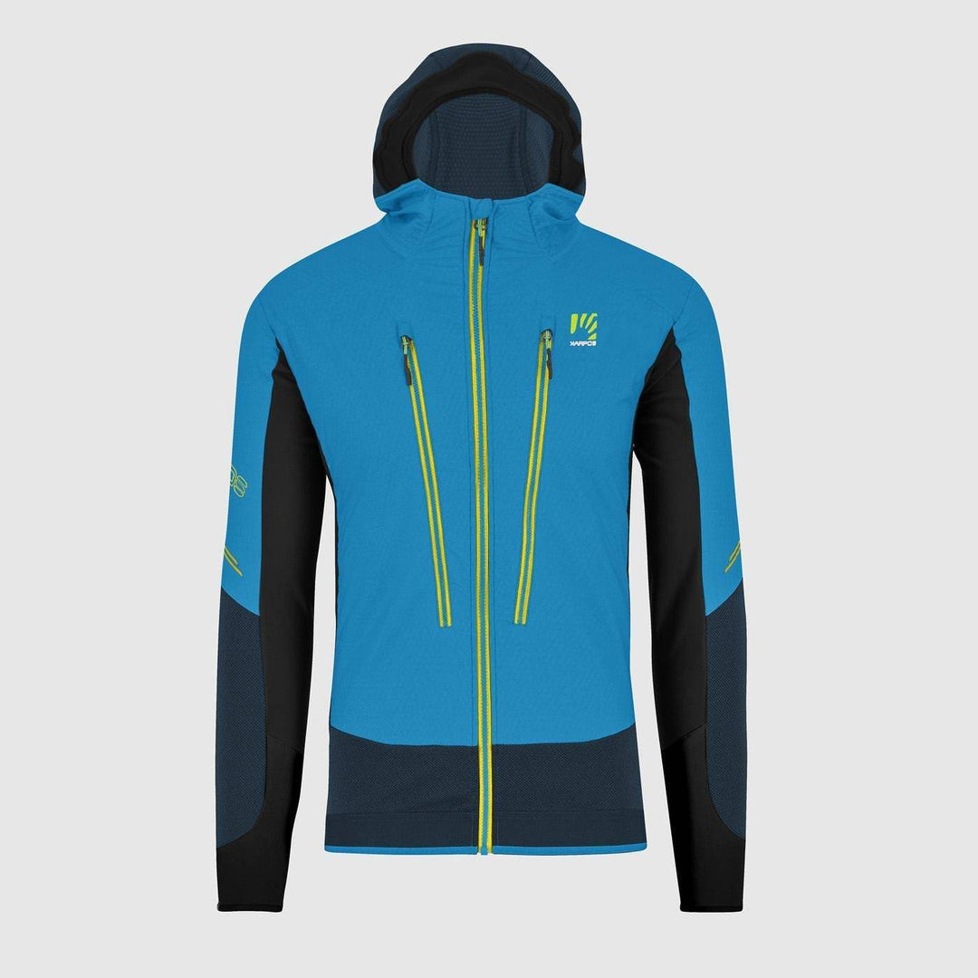 Blue and black Alagna Plus Evo Jacket with hood and multiple zippers, designed for ski touring.