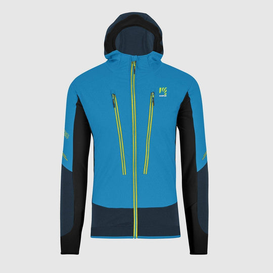 Blue and black Alagna Plus Evo Jacket with hood and multiple zippers, designed for ski touring.