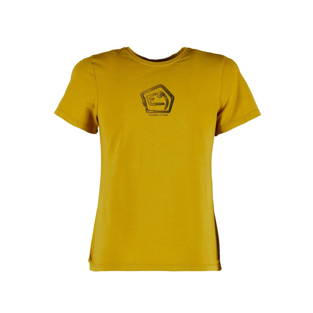 Yellow organic cotton T-shirt with front print, regular fit, outdoor climbing style, made in Italy.