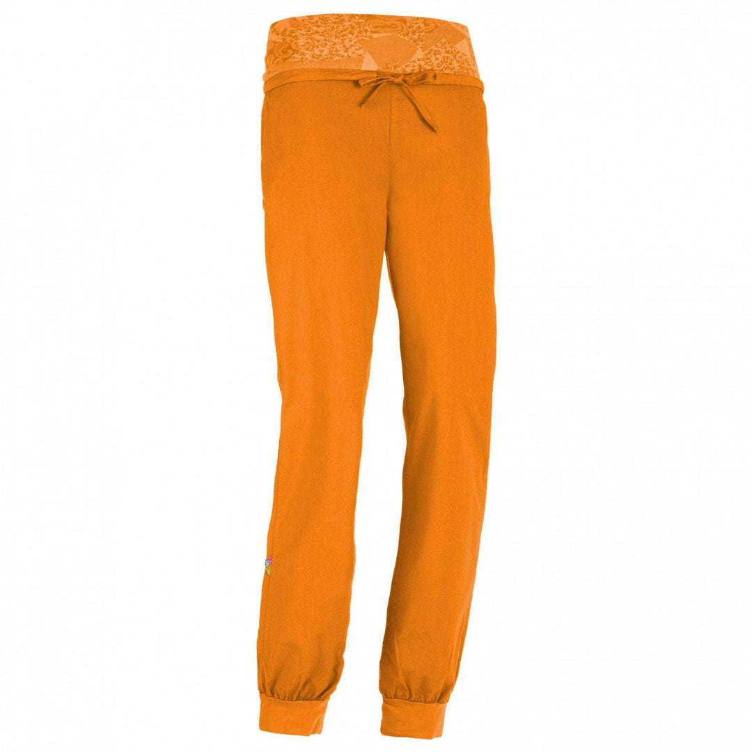 Orange outdoor climbing pants made from organic cotton poplin with embroidered front, printed waistband, regular fit, made in Italy.