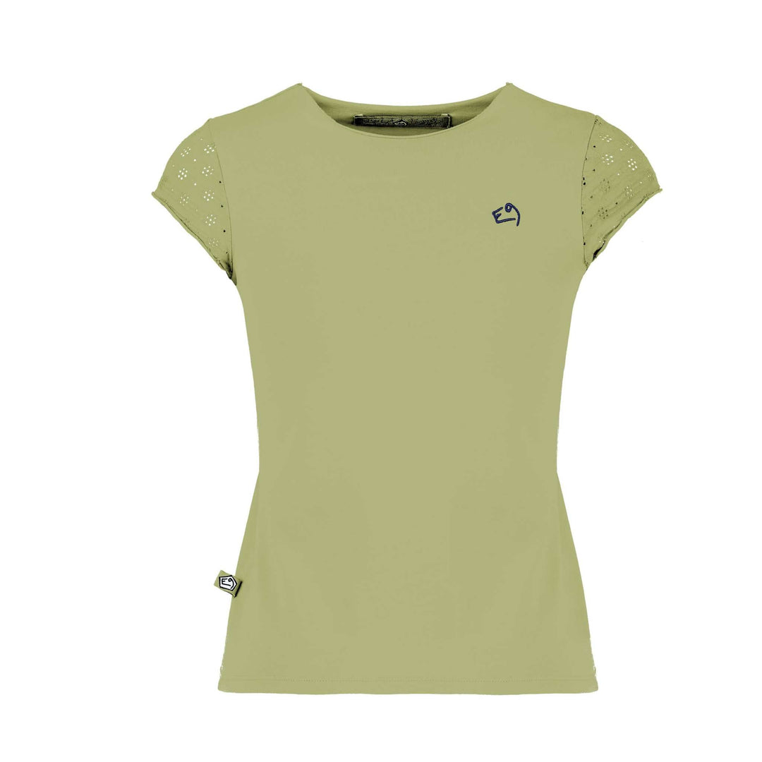 Green slim-fit T-shirt with perforated cotton sleeves, urban concept design, embroidered heart-side detail, and back print.