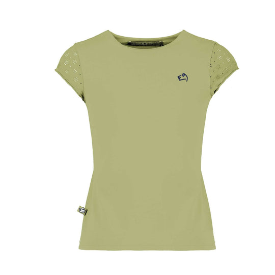 Green slim-fit T-shirt with perforated cotton sleeves, urban concept design, embroidered heart-side detail, and back print.