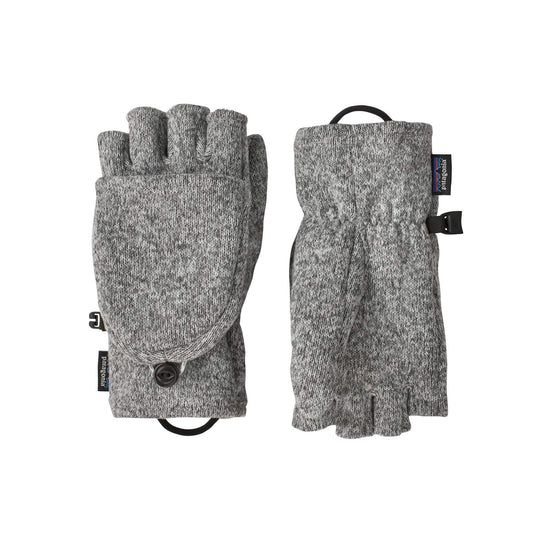 Convertible warmer sweater gloves made of recycled polyester with knit exterior, featuring button-secured mitten pocket and elastic cuffs.