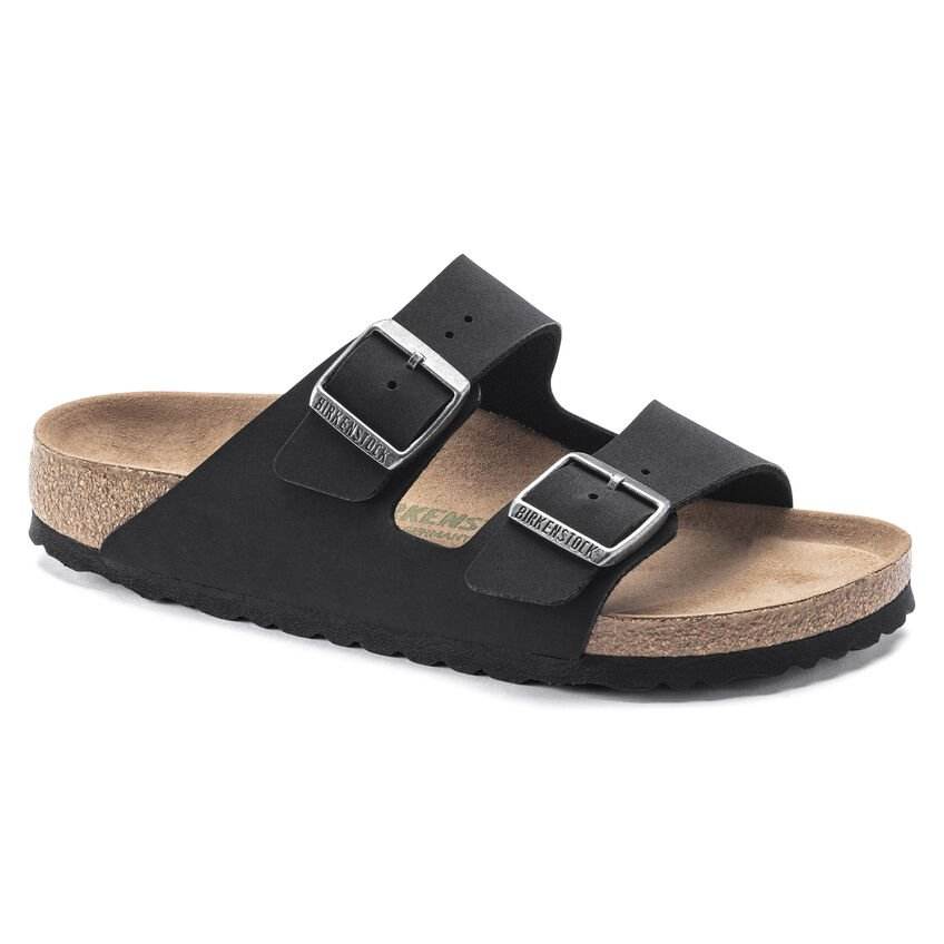 Sandalo Arizona Vegan Birkibuc nero con doppia fibbia e plantare anatomico.