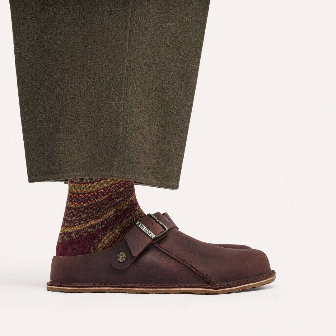 Birkenstock Lutry Premium Oiled Leather - Habana - vista laterale del sabot indossato