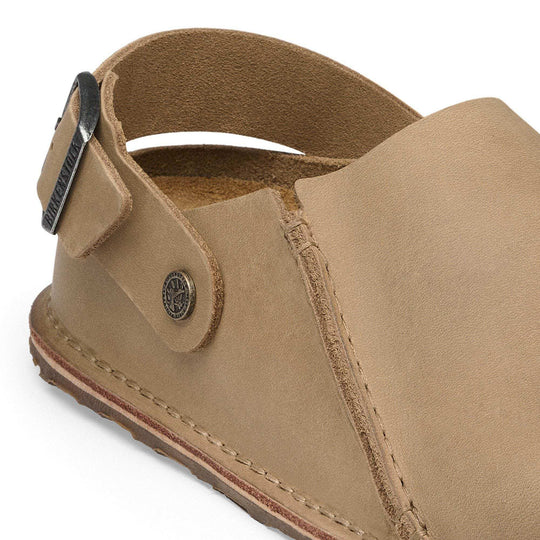 Birkenstock Lutry Premium Oiled Leather - Tabacco Brown - dettaglio della pelle e del cinturino