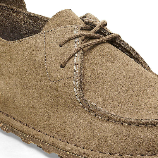 Birkenstock Utti Lace 1027274 Grey Taupe Regular, dettaglio di pelle scamosciata, lacci e cuciture