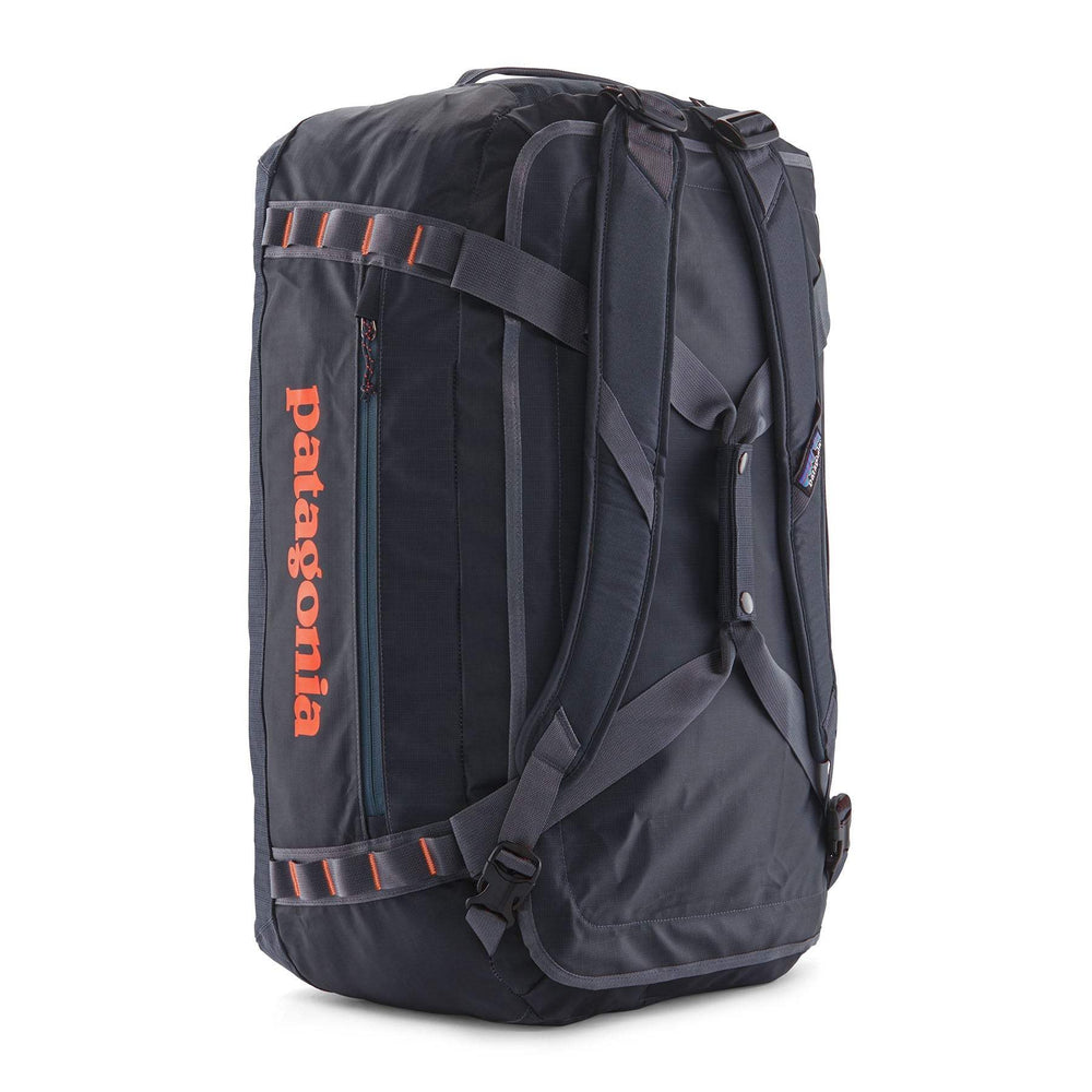 Black Hole Duffel 55L, durable and waterproof, made from 100% recycled materials, features ergonomic straps and accessible compartments.
