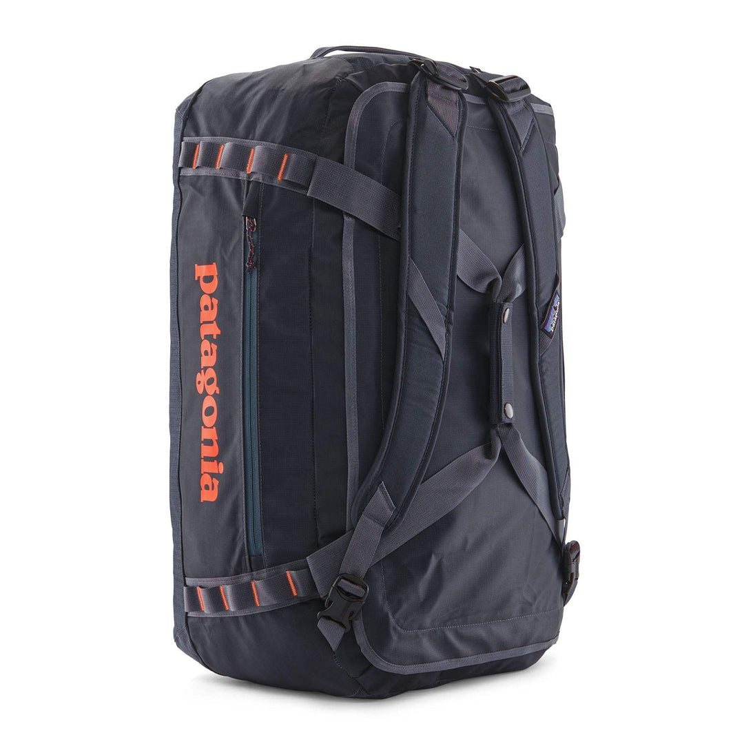 Black Hole Duffel 55L, durable and waterproof, made from 100% recycled materials, features ergonomic straps and accessible compartments.