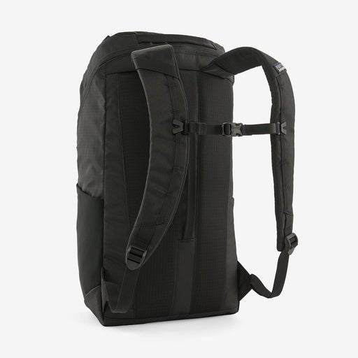 Black 25L backpack with breathable back panel and adjustable straps.