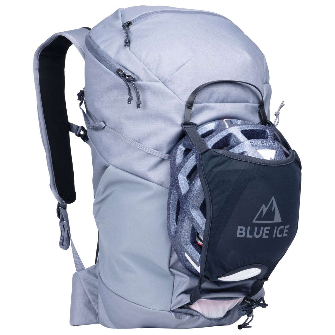 Prisma 30 Pack hiking backpack with ergonomic straps, breathable mesh back, helmet holder, and hydration compatibility
