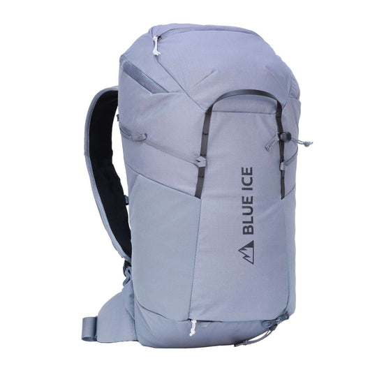 Prisma 30 Pack trekking backpack with ergonomic straps, ventilated back panel, helmet holder, ice axe loops, rope strap, and hydration compatibility.