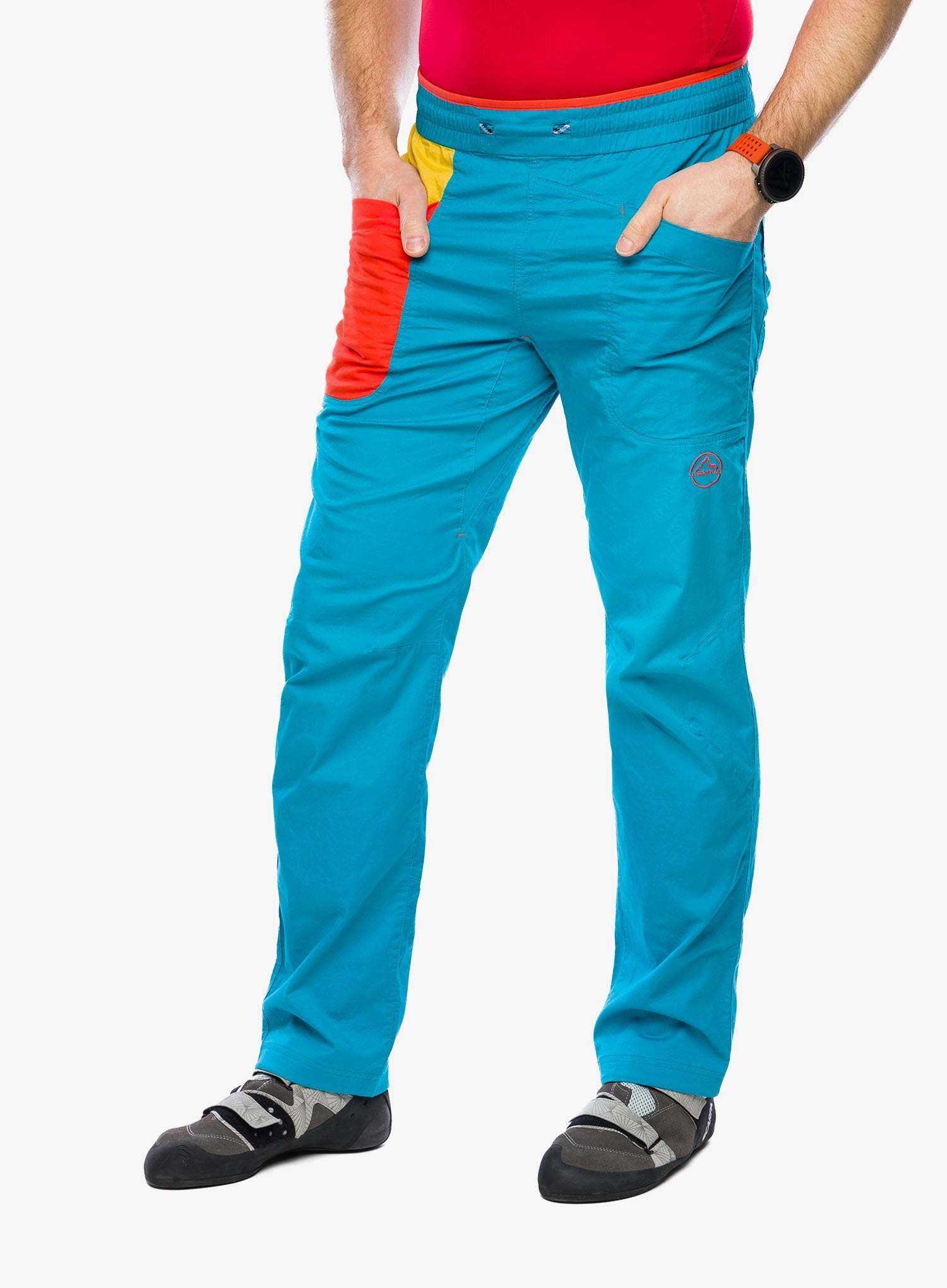 Bolt Pant climbing pants made of 98% organic cotton with mountain-themed inner pattern and regular fit