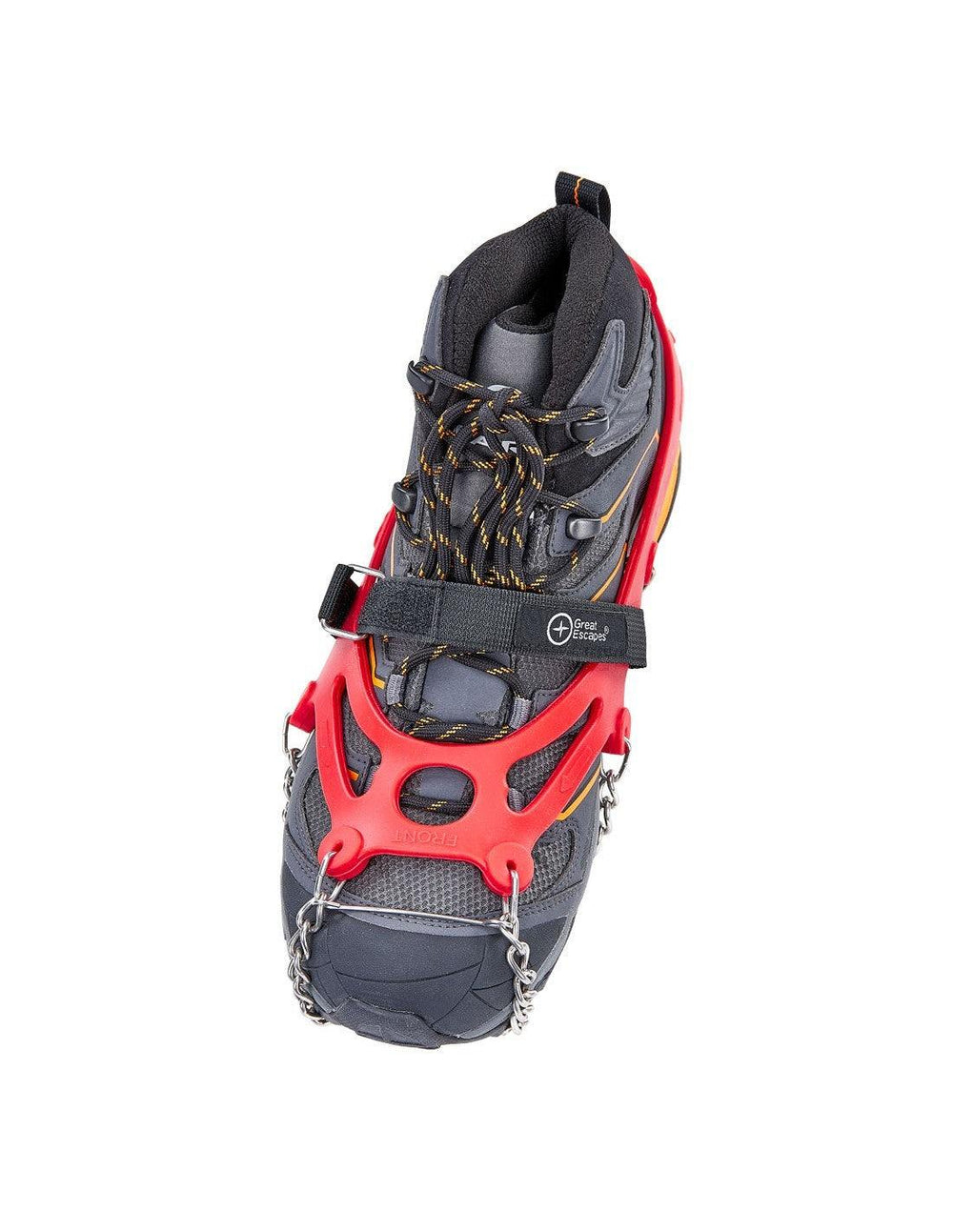 Great Escapes Ice Crampons 202X000, taglia L rossa, vista superiore su scarpone dimostrativo
